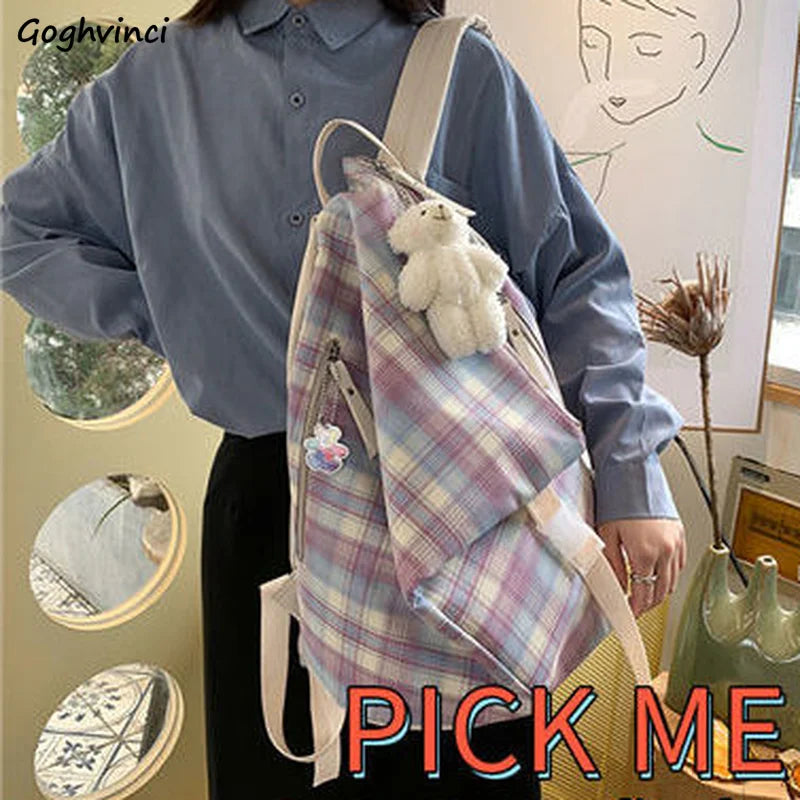 Backpack Preppy Style Plaid Waterproof Leisure Travel Bag