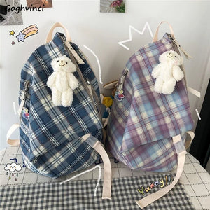 Backpack Preppy Style Plaid Waterproof Leisure Travel Bag