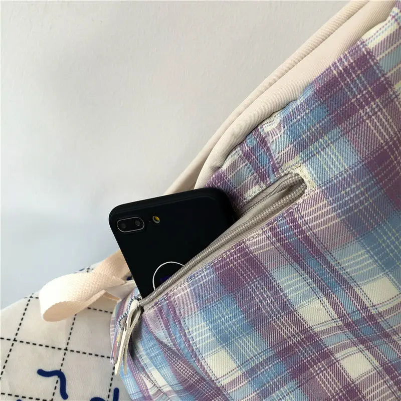 Backpack Preppy Style Plaid Waterproof Leisure Travel Bag
