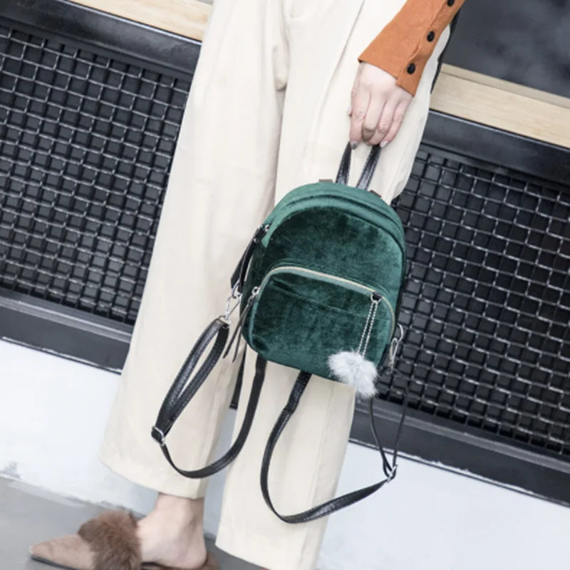 Velvet Mini Backpack with Pompom Zipper