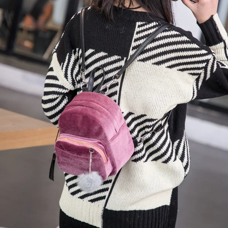 Velvet Mini Backpack with Pompom Zipper