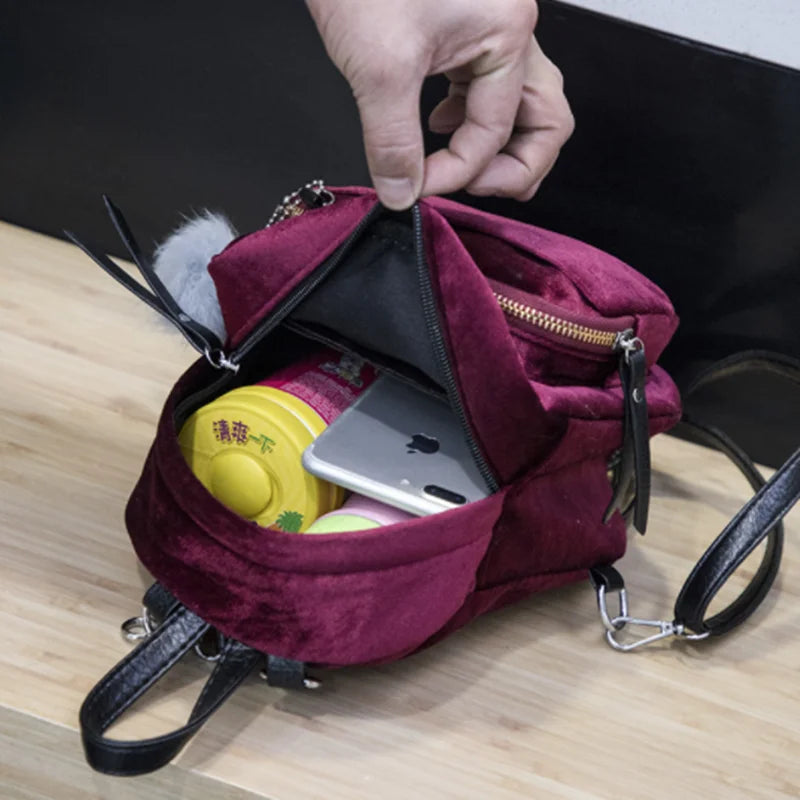 Velvet Mini Backpack with Pompom Zipper