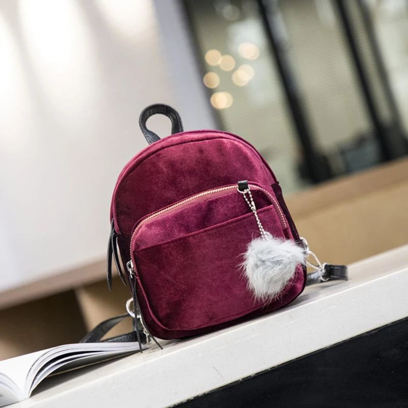 Velvet Backpack Veludo Schoolbag Zipper Pompom Casual Mini Female Bags