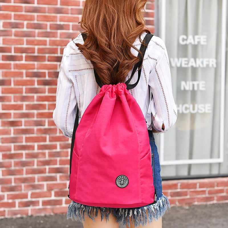 Teenage Girls Drawstring Backpack Solid School Rucksack
