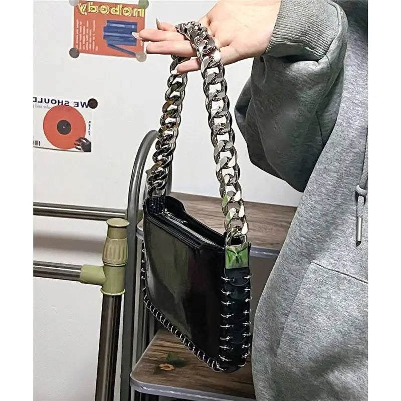 Y2K Coarse Chain Shoulder Bag Handbag Purse Zipper Girls Bag