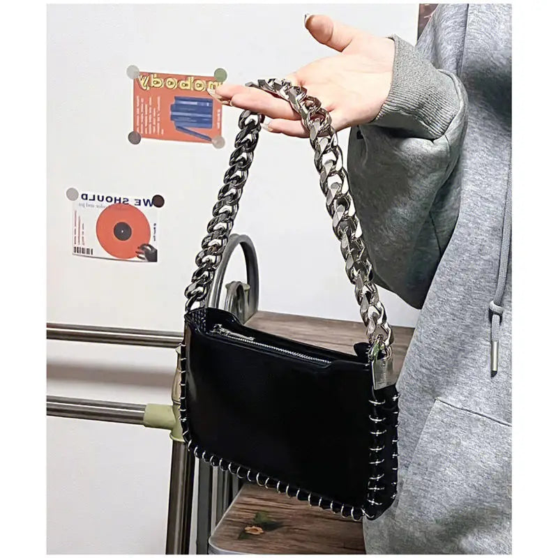 Y2K Coarse Chain Shoulder Bag Handbag Purse Zipper Girls Bag
