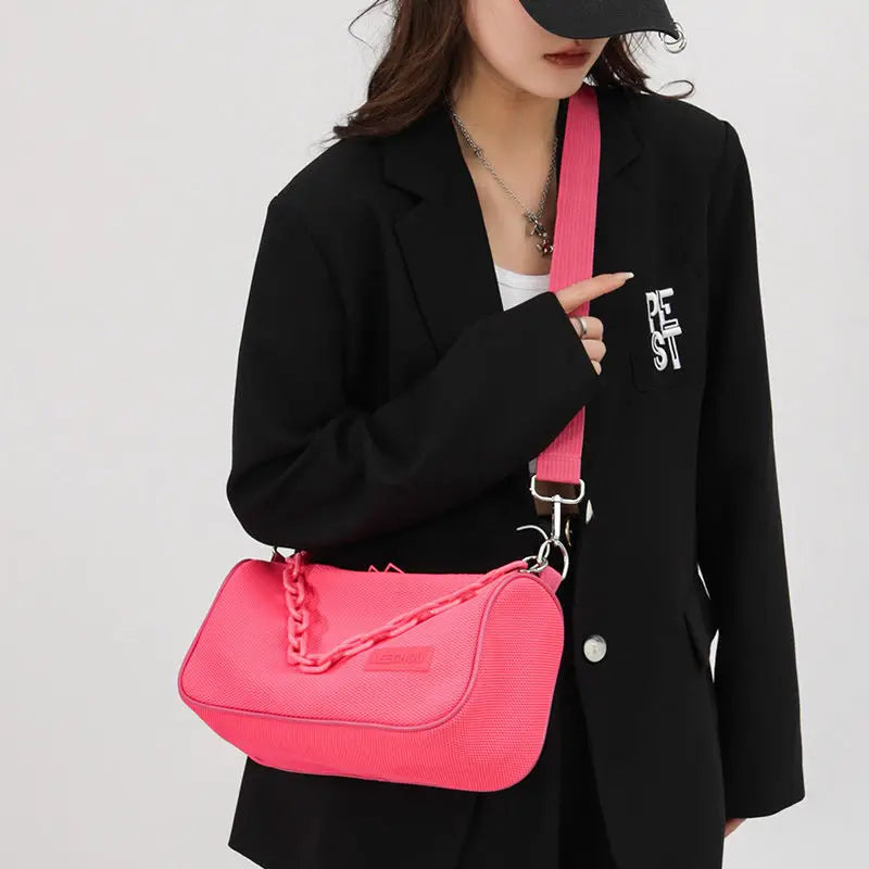Women Nylon Bucket Shoulder Bag Soft Chains Crossbody Handbag
