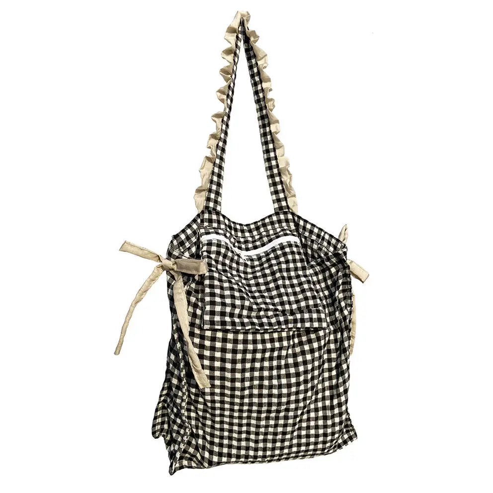 Casual Cotton Plaid Zipper Shoulder Bag Handbags Shopping Bag Mori Girl
