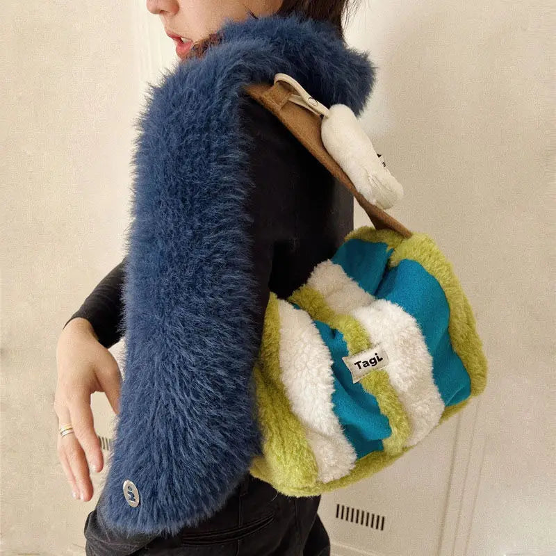 Women Bag Sweet Bucket Cotton Nylon Striped Casual Zipper Soft Shoulder Bag