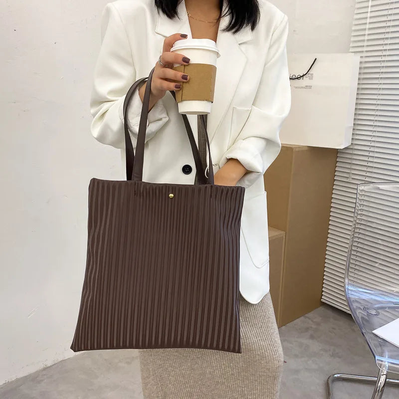 Women PU Handbags Shoulder Bag Large Tote Solid Striped Travel Bag