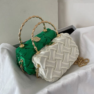 Braided Fabric Small Shoulder Box Bag Metal Handle Crossbody Handbag Tote