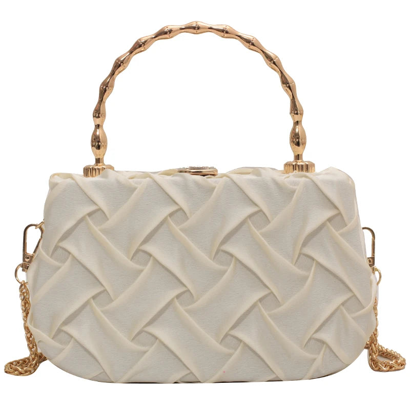 Braided Fabric Small Shoulder Box Bag Metal Handle Crossbody Handbag Tote