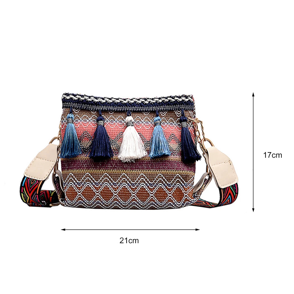 Women Bucket Shoulder Bag Vintage Ethnic Summer Tassel Ladies Crossbody Handbag