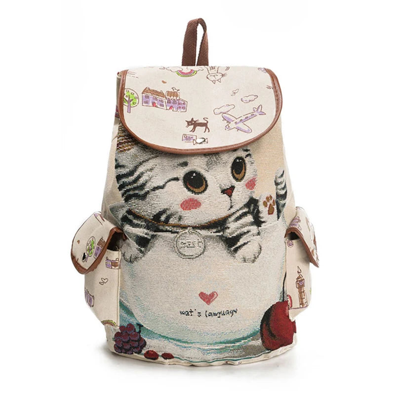 Cat Pattern Canvas Backpack School Bag Casual Vintage Travel Drawstring 1#