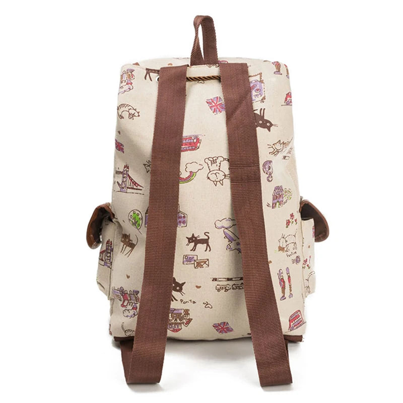 Cat Pattern Canvas Backpack School Bag Casual Vintage Travel Drawstring 1#