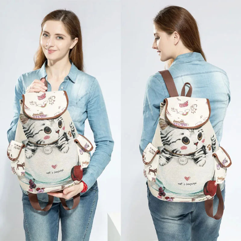 Cat Pattern Canvas Backpack School Bag Casual Vintage Travel Drawstring 1#