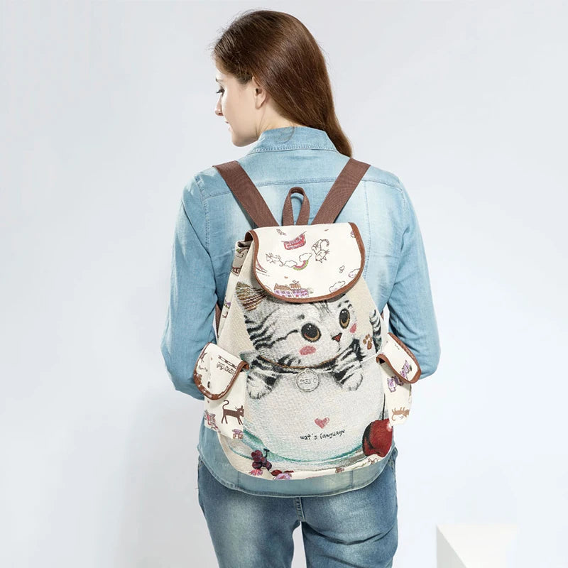 Cat Pattern Canvas Backpack School Bag Casual Vintage Travel Drawstring 1#