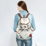 Cat Pattern Canvas Backpack School Bag Casual Vintage Travel Drawstring 1#