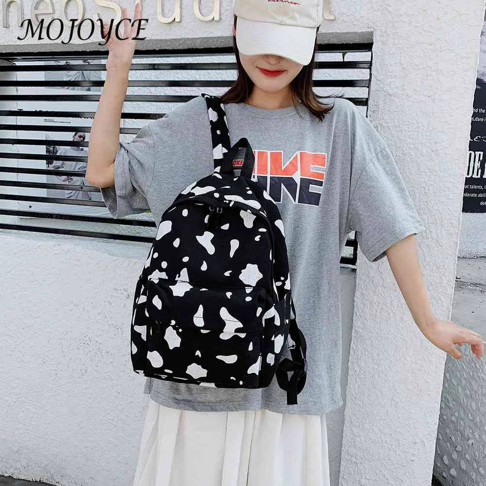 Women Canvas Backpack Cow Milk Print Classic Girls Daily Shoulder School Bag
