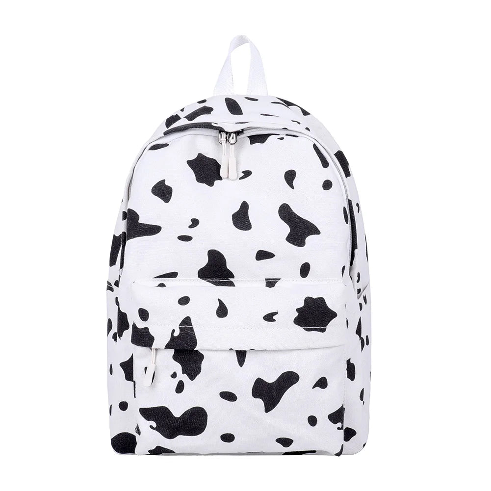 Women Canvas Backpack Cow Milk Print Classic Girls Daily Shoulder School Bag