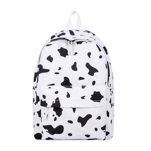 Women Canvas Backpack Cow Milk Print Classic Girls Daily Shoulder School Bag