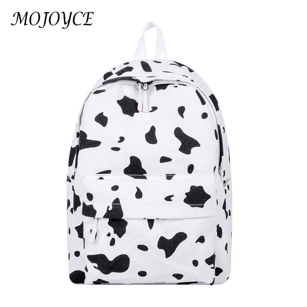 Women Canvas Backpack Cow Milk Print Classic Girls Daily Shoulder School Bag