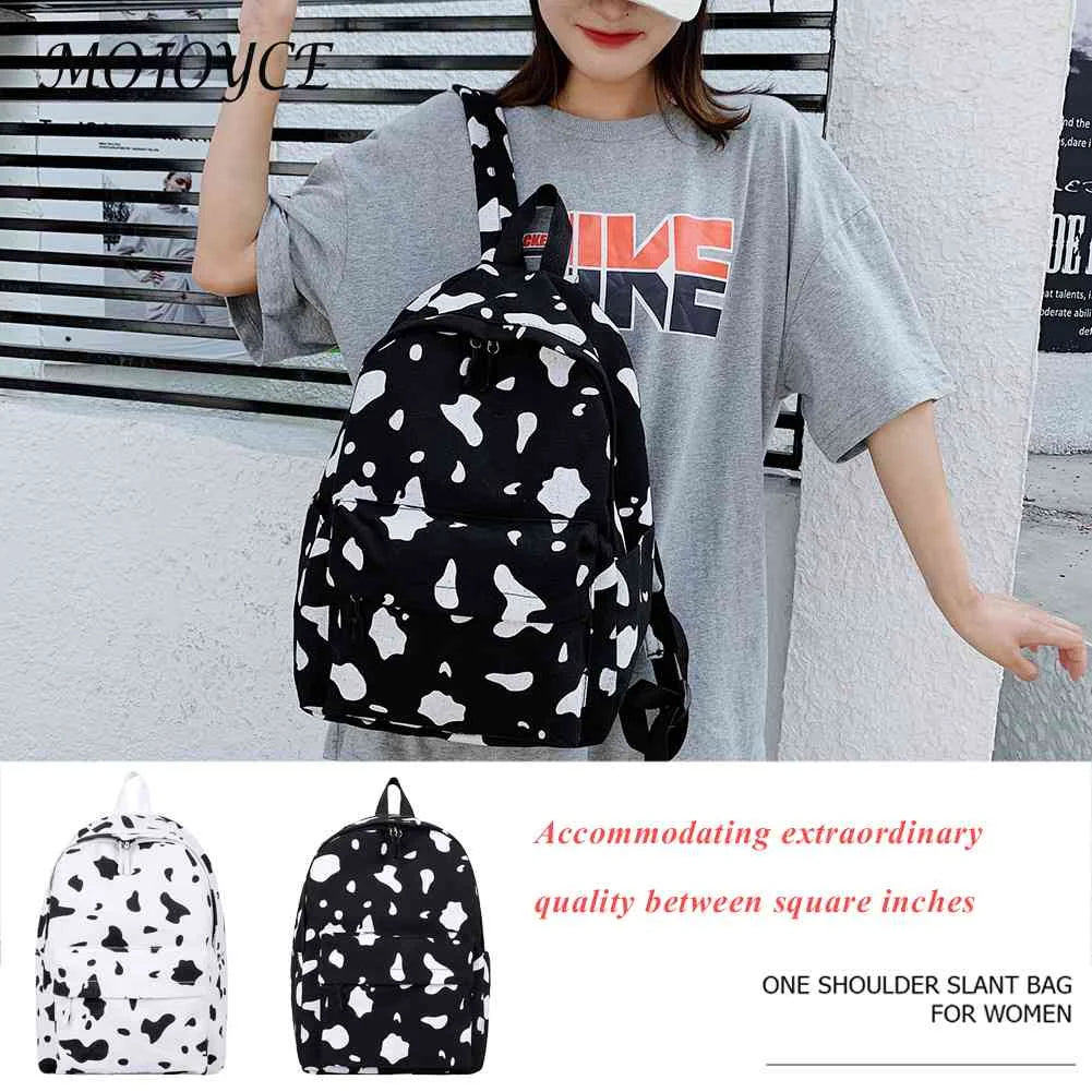 Women Canvas Backpack Cow Milk Print Classic Girls Daily Shoulder School Bag