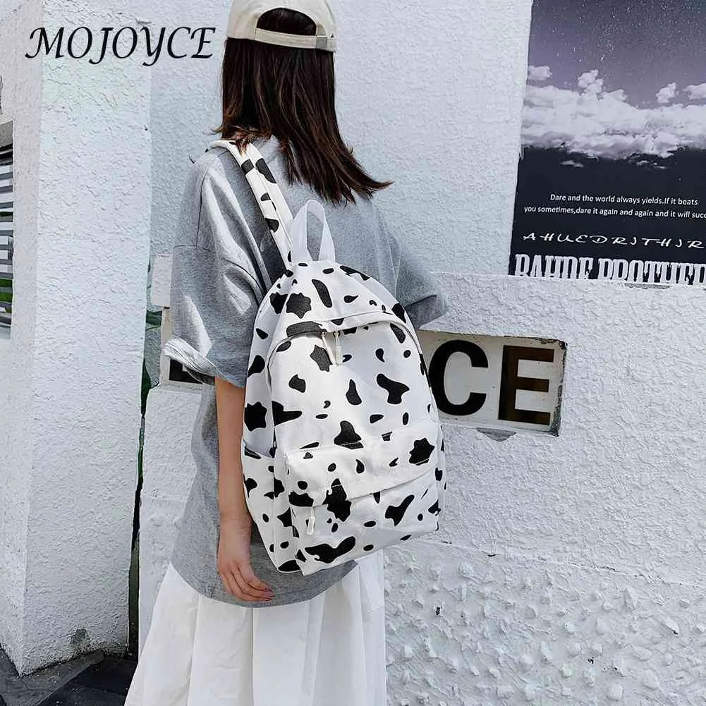 Women Canvas Backpack Cow Milk Print Classic Girls Daily Shoulder School Bag