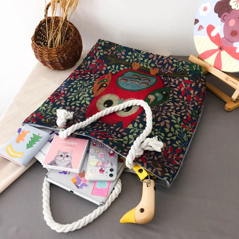 Embroidered Owl Shoulder Bag, Large Capacity, Casual Canvas, Women's Handbag