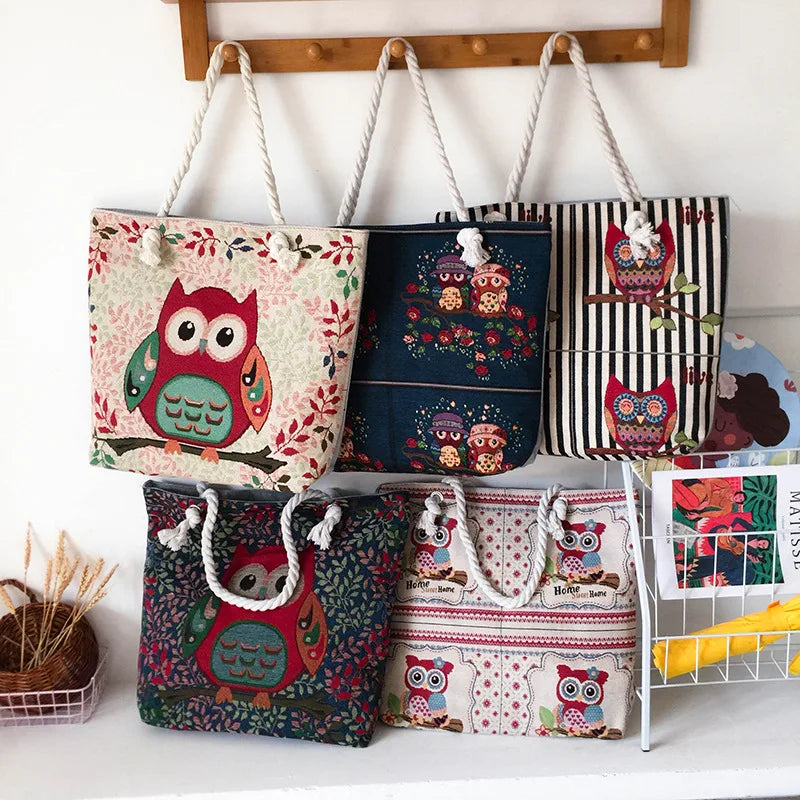 Embroidered Owl Shoulder Bag, Large Capacity, Casual Canvas, Women's Handbag