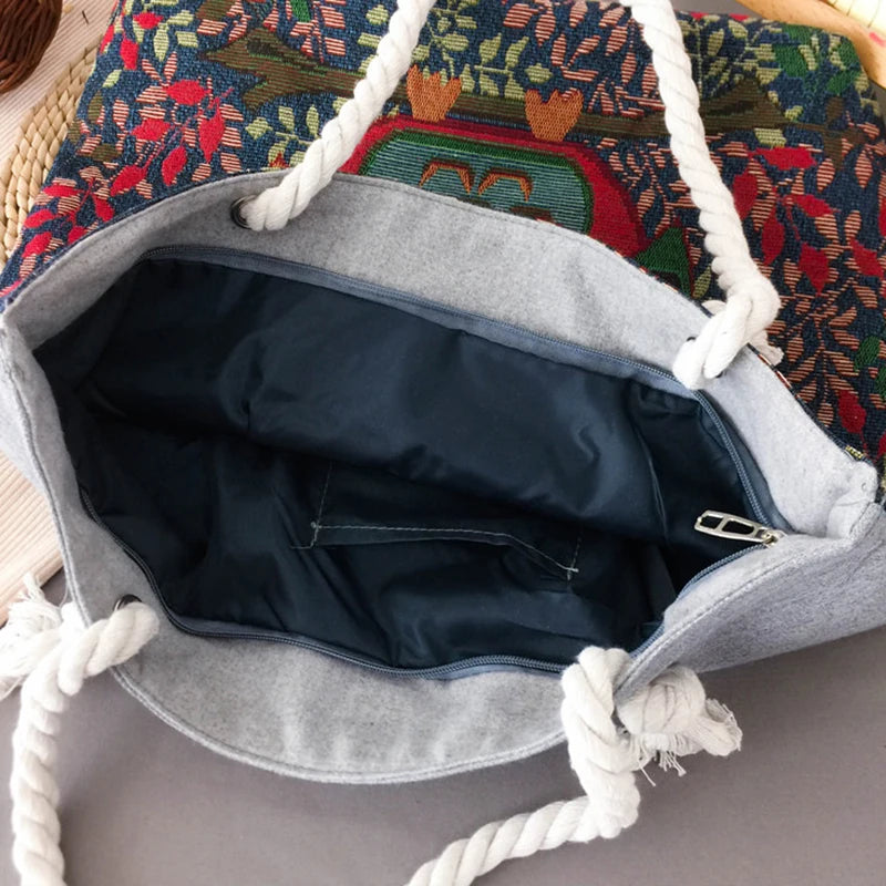 Embroidered Owl Shoulder Bag, Large Capacity, Casual Canvas, Women's Handbag