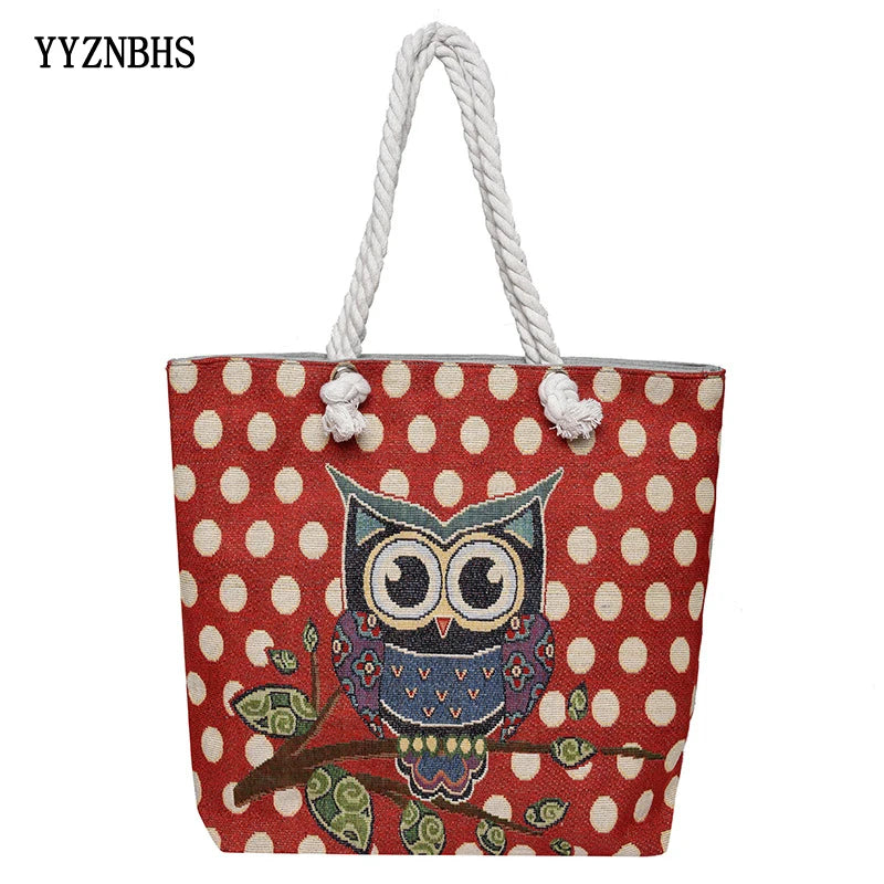 Embroidered Owl Shoulder Bag, Large Capacity, Casual Canvas, Women's Handbag