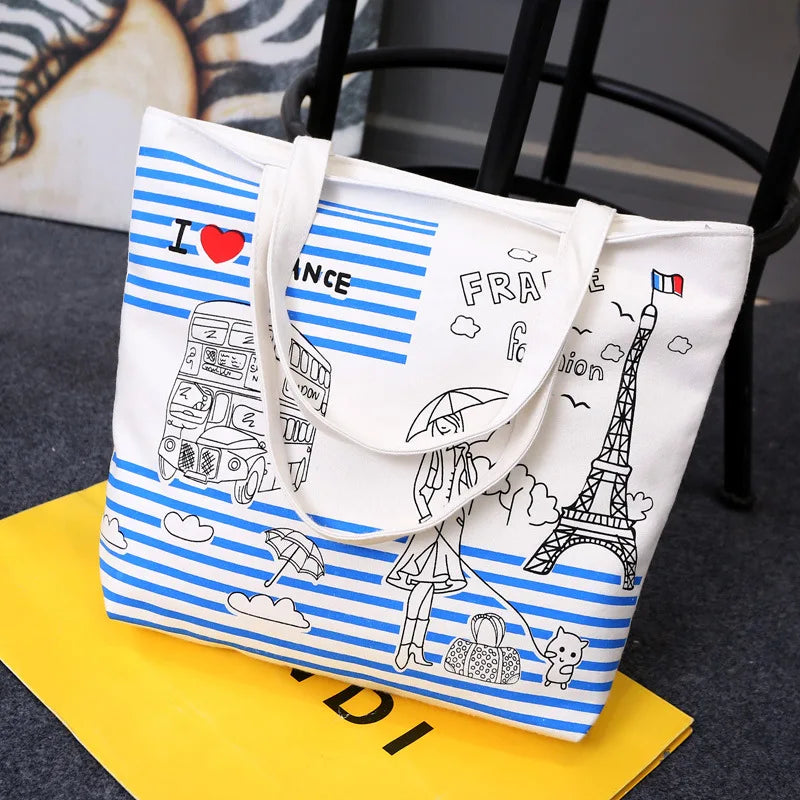 Women Canvas Shoulder Bag Cartoon Tote Hand Bag Ladies Large Capacity