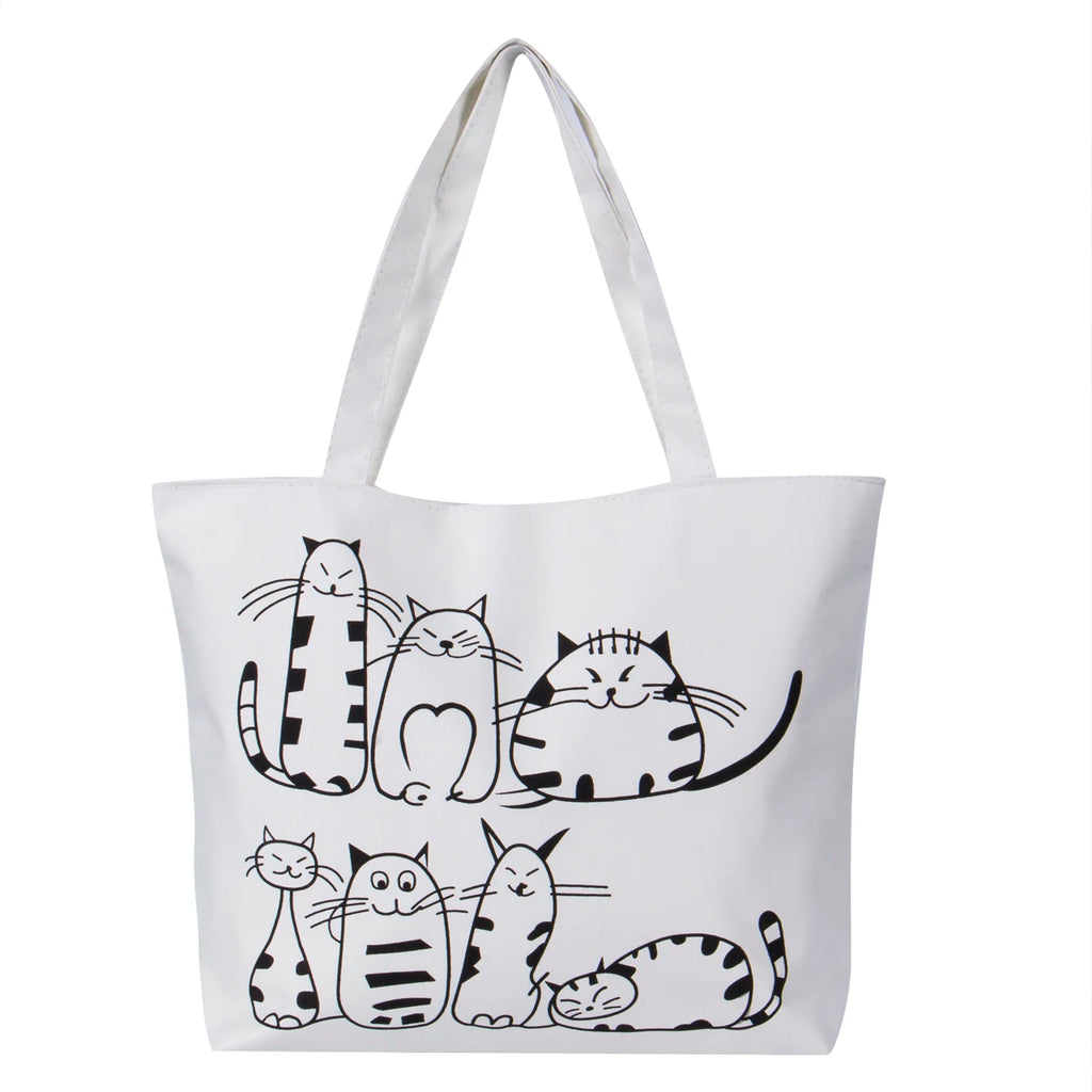 Cat Printed Canvas Handbag Large Capacity Beach Tote Bag