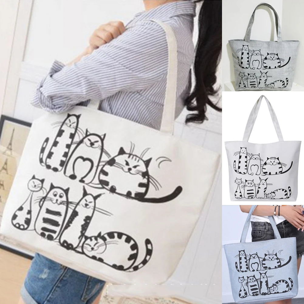 Cat Printed Canvas Handbag Large Capacity Beach Tote Bag
