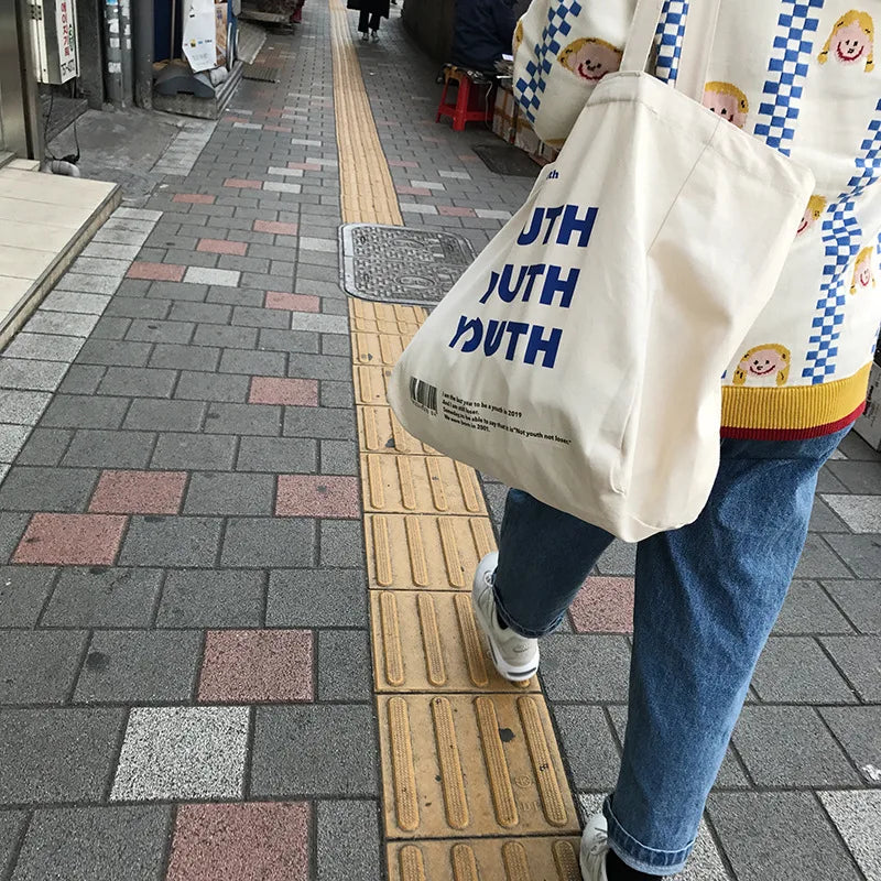Letter Printing Canvas Shopping Bag Casual Shoulder Handbag Eco-friendly Tote