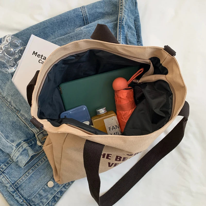 Women Canvas Shopping Bag Letter Printing Casual Eco-friendly Tote Handbag