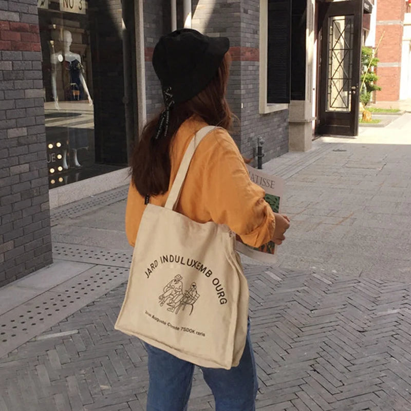 Women Canvas Shoulder Bag Books Print Ladies Casual Handbag Tote Bag