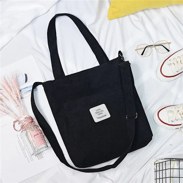 Women Canvas Shoulder Bag Corduroy Tote Crossbody Shopping Bag