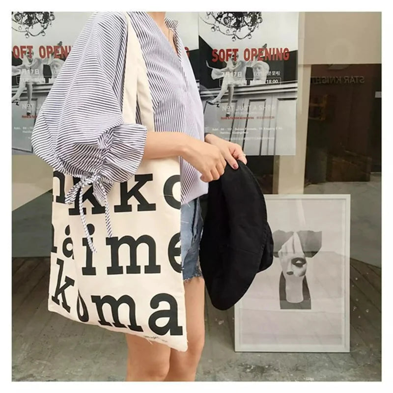 Women Canvas Shoulder Bags, Letter Print Style Large Capacity Handbag