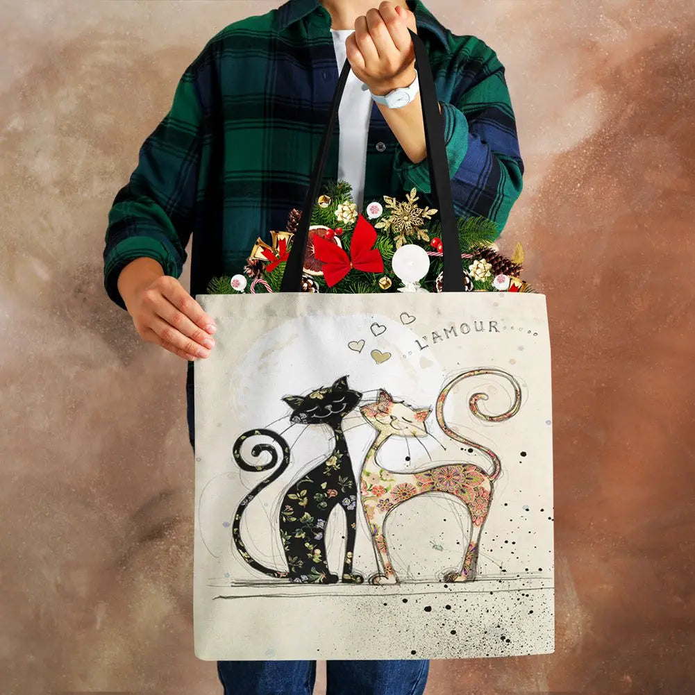 Cat Print Canvas Tote Bag Eco-Friendly Harajuku Shopper Shoulder Bag