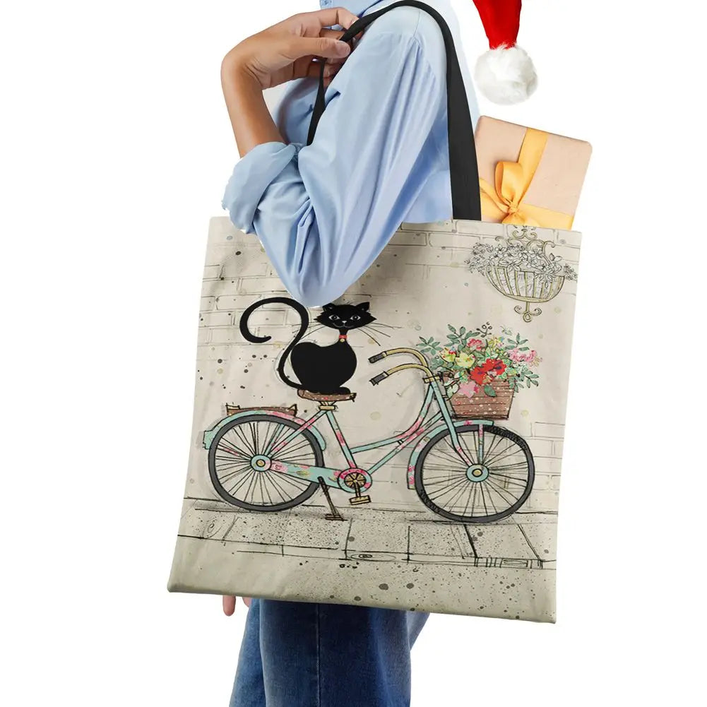 Cat Print Canvas Tote Bag Eco-Friendly Harajuku Shopper Shoulder Bag