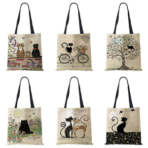 Cat Print Canvas Tote Bag Eco-Friendly Harajuku Shopper Shoulder Bag