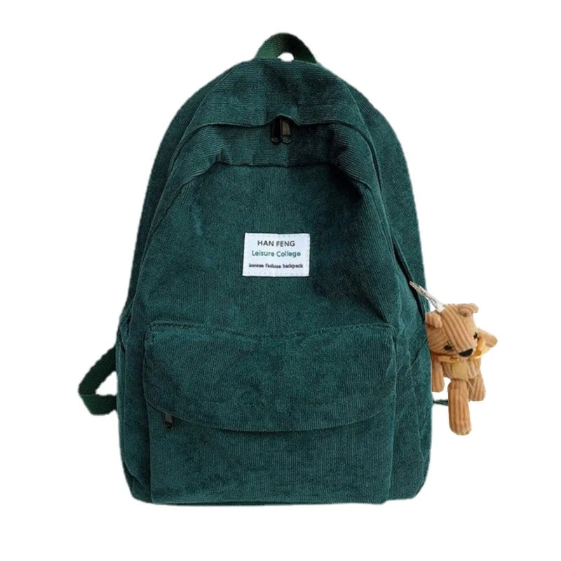 Casual Corduroy Backpack with Pendant School Bag