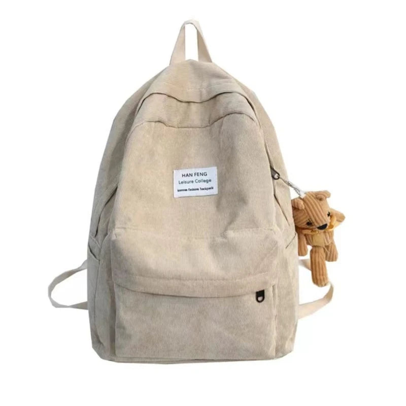 Casual Corduroy Backpack with Pendant School Bag