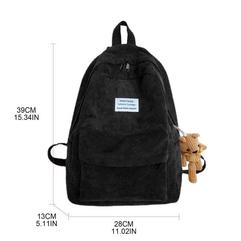 Casual Corduroy Backpack with Pendant School Bag