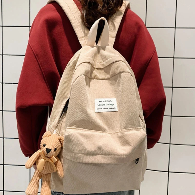 Casual Corduroy Backpack with Pendant School Bag
