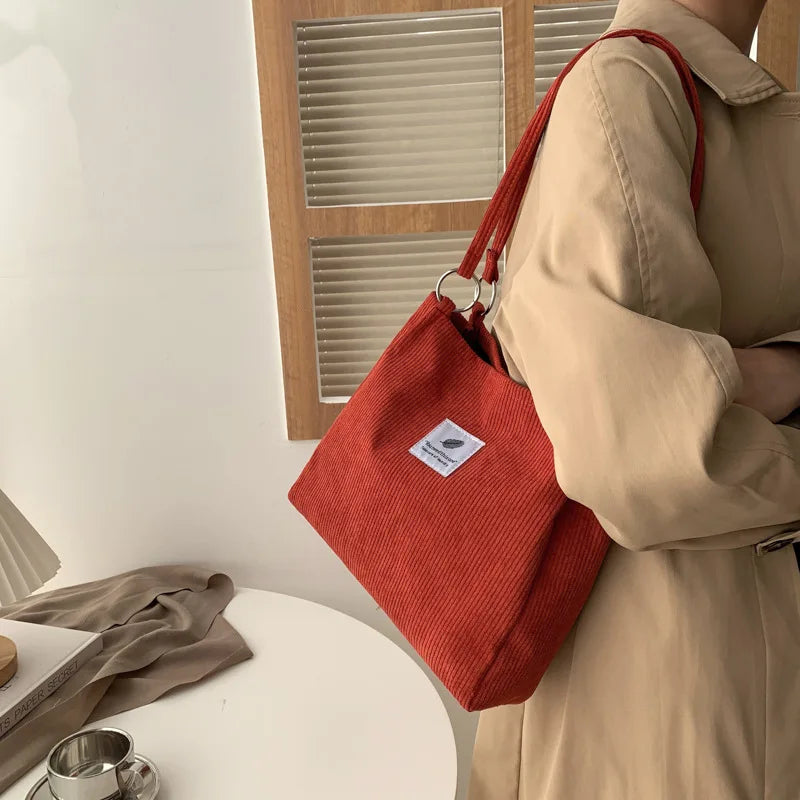 Women Casual Corduroy Shoulder Tote Bag Retro Canvas Shopper Messenger Bag