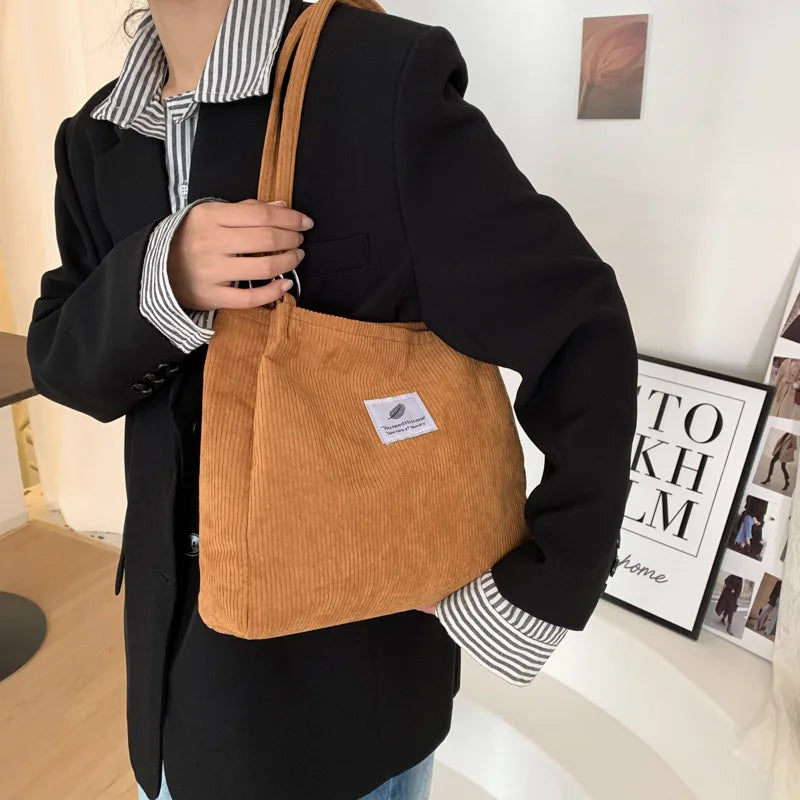 Women Casual Corduroy Shoulder Tote Bag Retro Canvas Shopper Messenger Bag