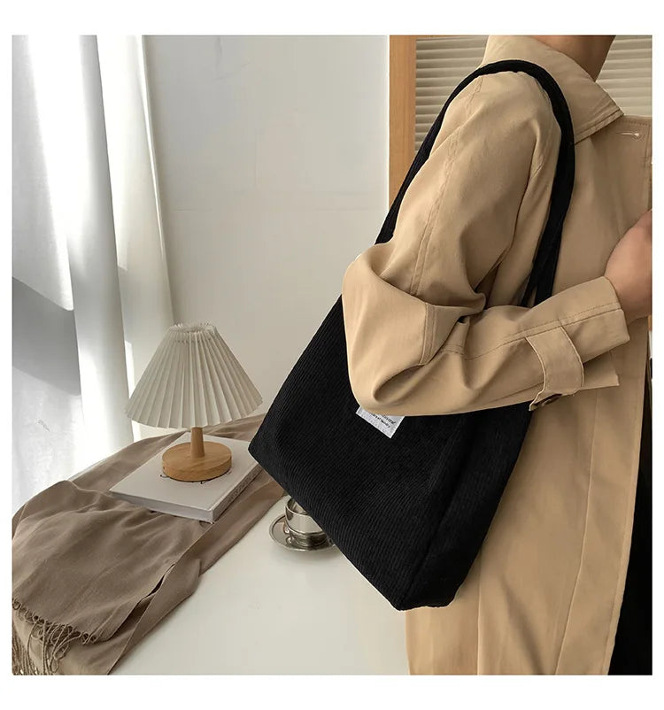 Women Casual Corduroy Shoulder Tote Bag Retro Canvas Shopper Messenger Bag
